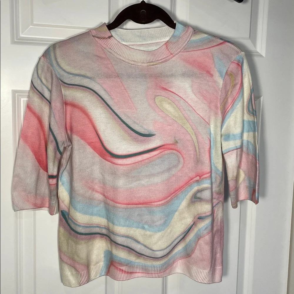 Anthropologie Short Sleeve Sweater Small Multicolor Swirl Marble Print Crewneck - Picture 3 of 16